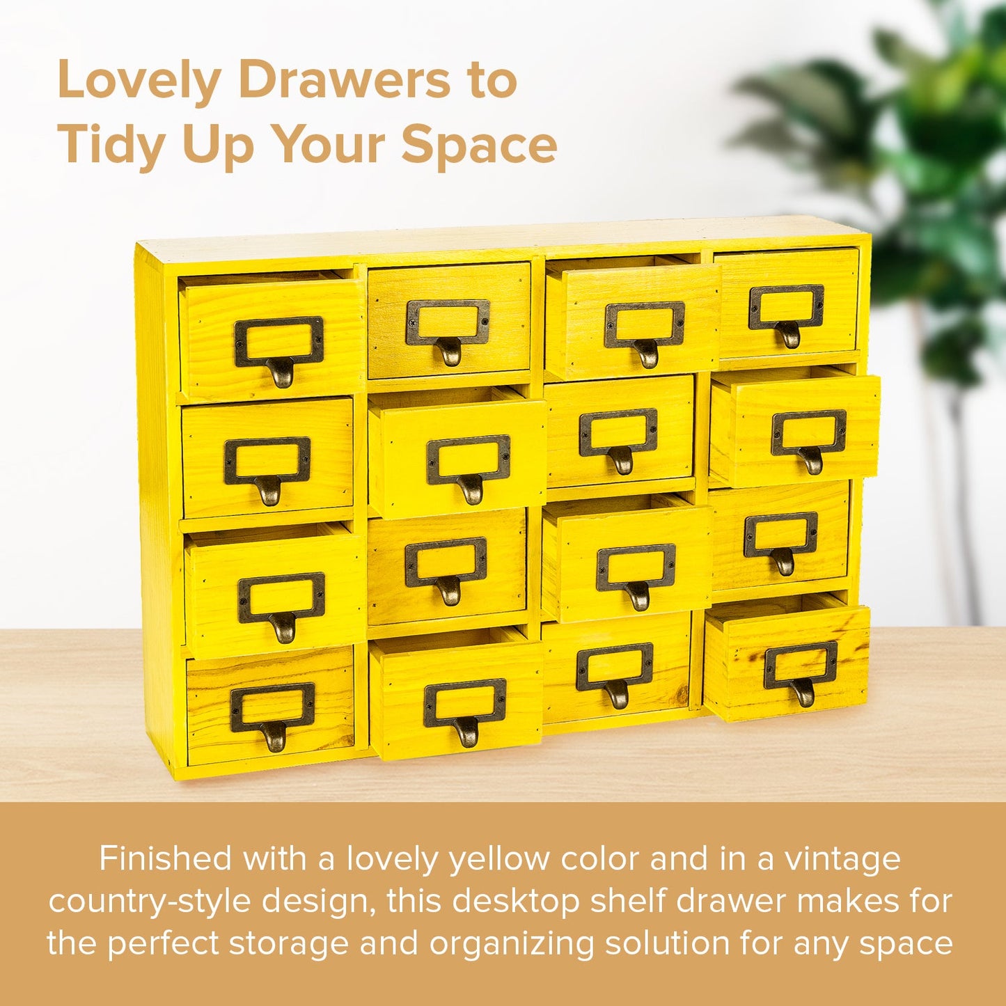 16 Drawer Wooden Apothecary Cabinet – Yellow Card Catalog Organizer with Label Holders for Crafts, Jewelry, Office Supplies & Small Parts Storage
