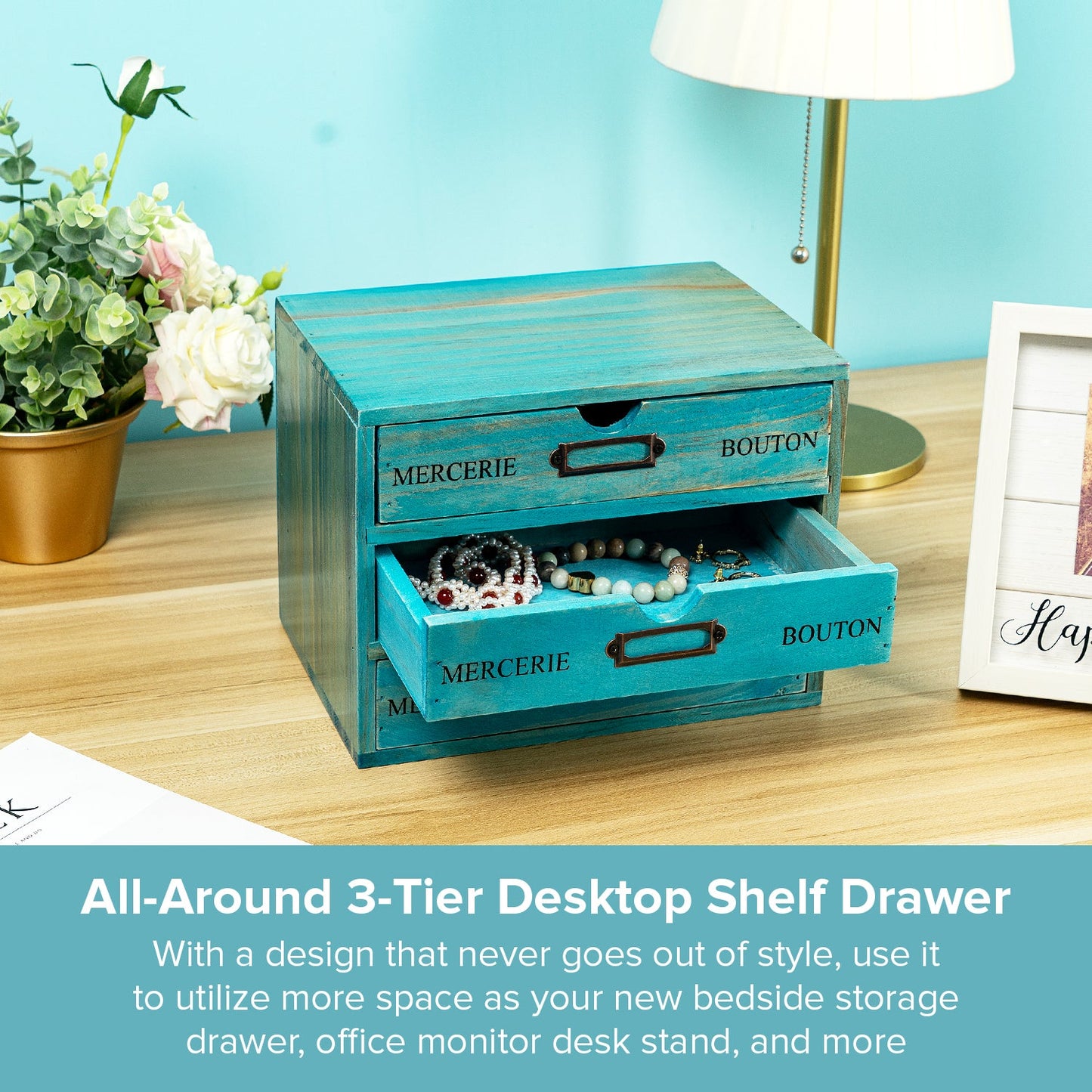 3-Vintage Teal Drawer Wooden Desk Organizer for Office Supplies, Crafts & Home Organization
