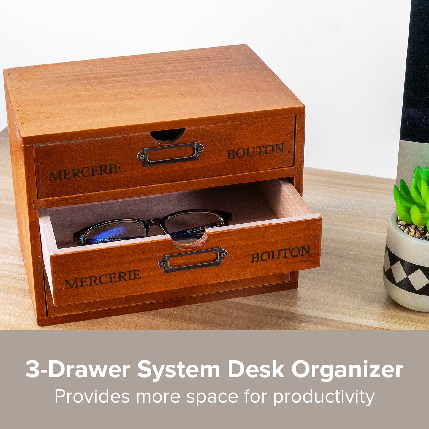 Vintage Wood Desk Organizer : 3 Drawer Stackable Storage Cabinet for Office Supplies, Jewelry & Crafts