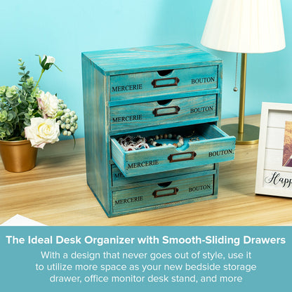 5 Drawer Wooden Desktop Organizer Cabinet – Vintage Teal Apothecary Storage with Label Holders for Office, Crafts & Jewelry