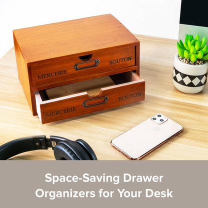 Stackable 2-Drawer Vintage Wood Organizer – Compact Desktop Storage Box with Label Holders for Home, Office & Countertop Use