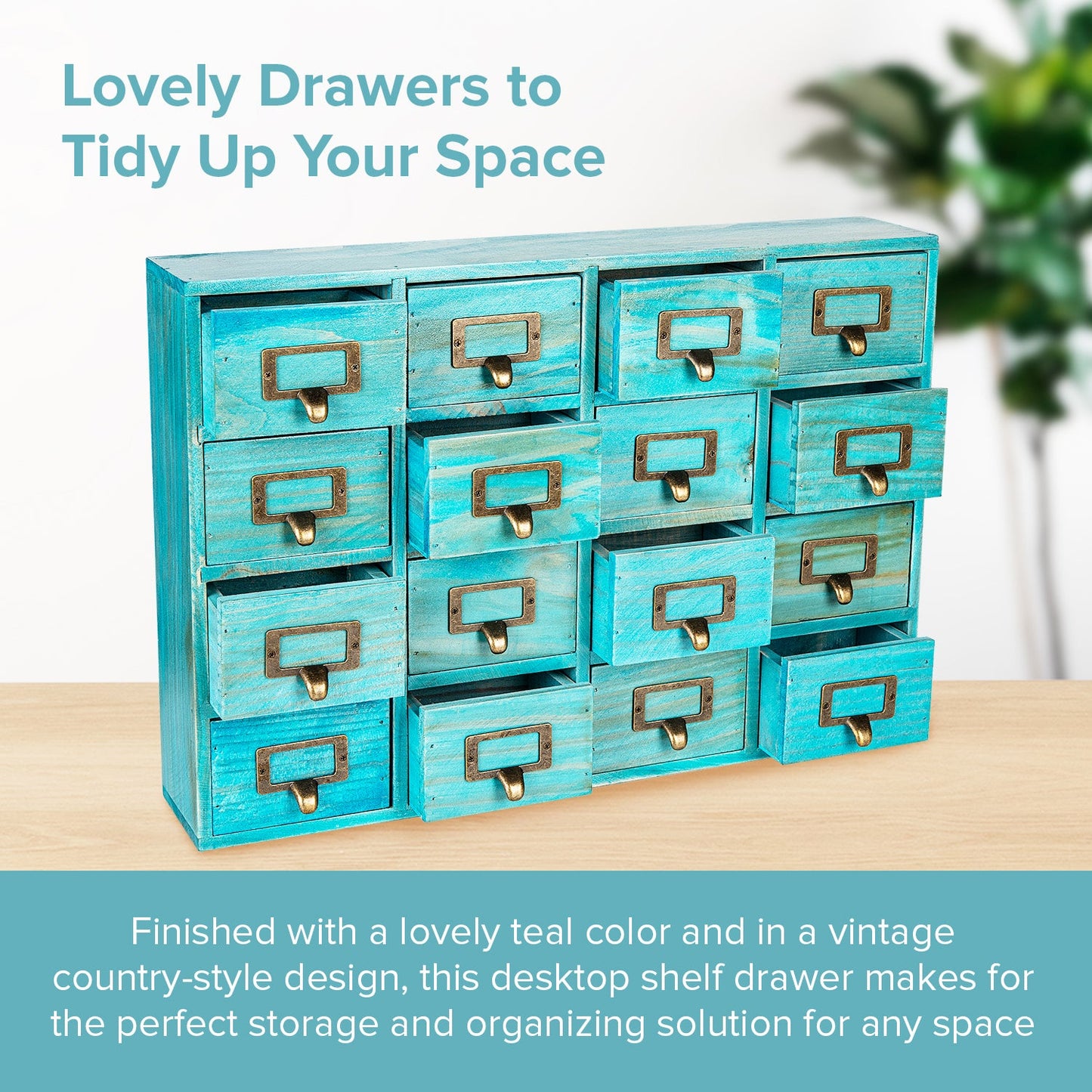 Teal Vintage 16-Drawer Apothecary Cabinet – Wooden Desktop Organizer with Label Holders for Crafts, Jewelry, Office & Collectibles