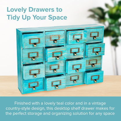Teal Vintage 16-Drawer Apothecary Cabinet – Wooden Desktop Organizer with Label Holders for Crafts, Jewelry, Office & Collectibles