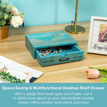 Single Teal Drawer Wooden Desk Organizer – Stackable Desktop Storage Box for Small Items & Office Supplies