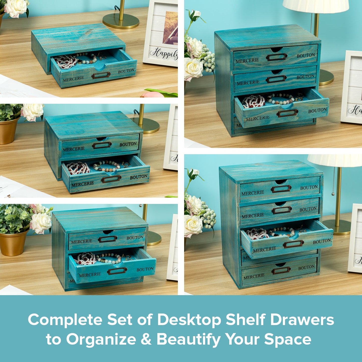 5-Piece Teal Stackable Wooden Drawer Organizer Set – Complete Desktop Storage System for Crafts, Office Supplies & Home Organization