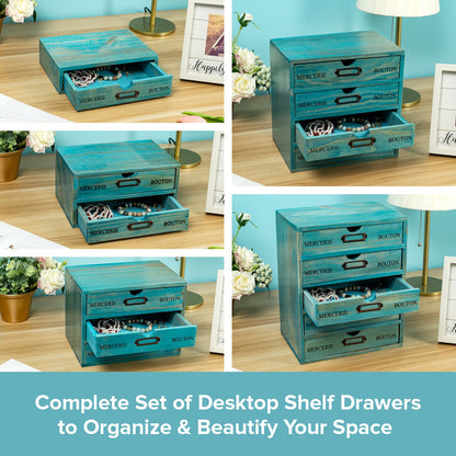 5-Piece Teal Stackable Wooden Drawer Organizer Set – Complete Desktop Storage System for Crafts, Office Supplies & Home Organization