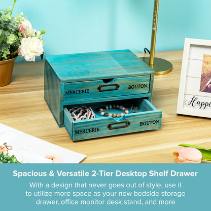 2-Drawer Teal Wooden Desk Organizer – Stackable Desktop Storage Box for Office Supplies, Crafts & Home Organization