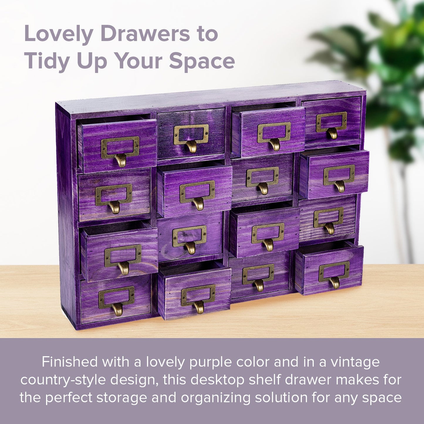 Purple 16 Drawer Apothecary Cabinet - Vintage Wooden Desktop Organizer with Label Holders for Crafts, Jewelry, Office & Small Storage