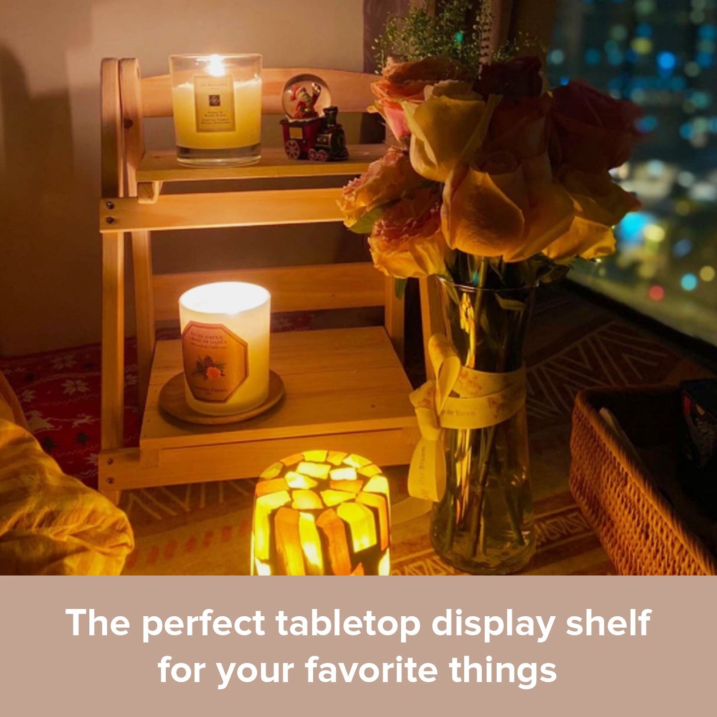 Wood Ladder Display Shelf : 2 Tier Vintage Desktop Organizer Stand for Plants, Candles, Decor