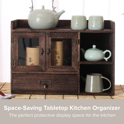 Coffee Tea Spice Station Organizer Cabinet – Rustic Wooden Kitchen Countertop Storage with Glass Doors & Drawer