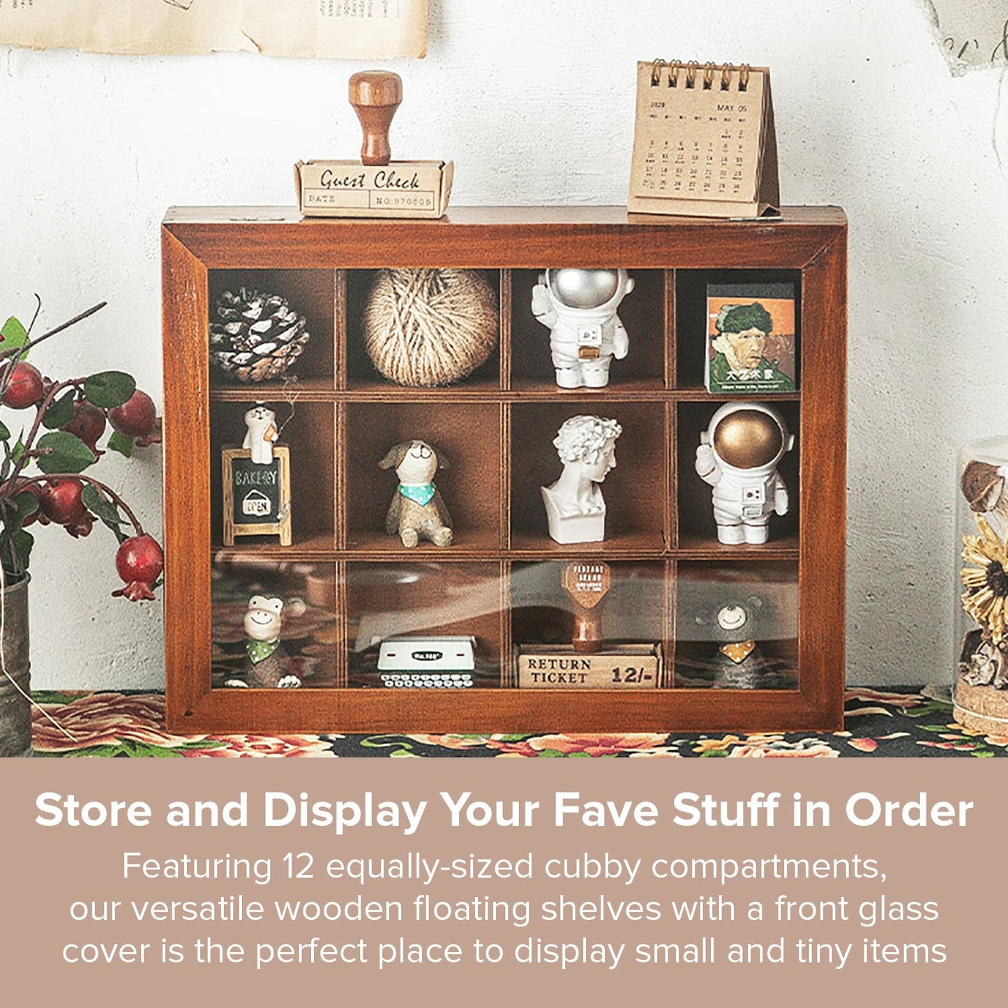12 Cubby Wood Display Case with Glass Front - Small Collectible Organizer Shelf for Figurines, Miniatures, Desk Decor & Wall Storage