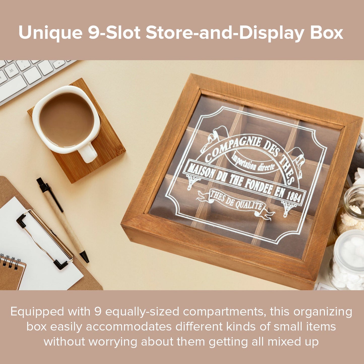 9 Slot Wooden Display Box with Glass Lid – Square Organizer Case with Dividers for Jewelry, Crafts, Collectibles & Countertop Storage