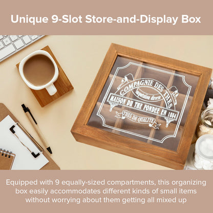 9 Slot Wooden Display Box with Glass Lid – Square Organizer Case with Dividers for Jewelry, Crafts, Collectibles & Countertop Storage
