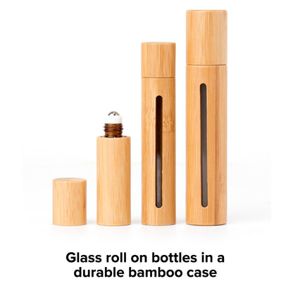 Bamboo Travel Roll-On Bottles – Refillable Glass Perfume & Essential Oil Roller Set (Leakproof, Compact, Natural Bamboo Case, 3 Pack)