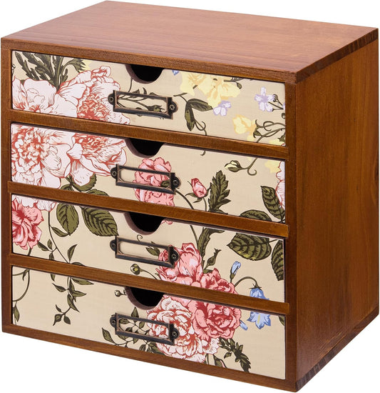 4-Drawer Vintage Desk Wood Storage Box With Drawers 
