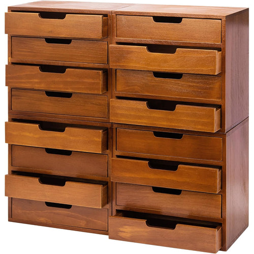 4-Pack Wooden Drawer Organizer Set – Stackable Mahogany Desktop Storage System with 16 Drawers for small items