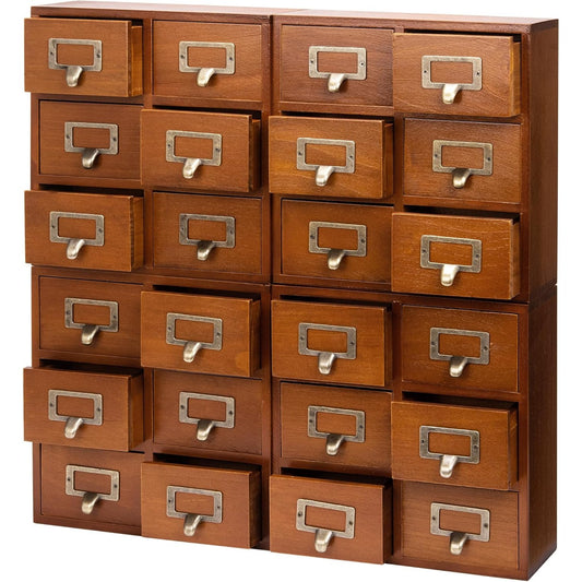 4-Pack Vintage Apothecary Card Catalog Cabinet : Stackable Mahogany Wood Storage Drawers with 24 Mini Drawers & Label Holders