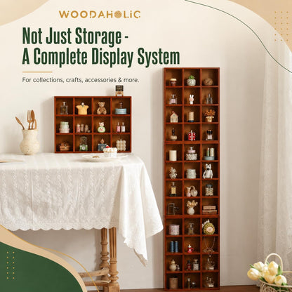 48-Compartment Wooden Cubby Display Shelf Set - 4-Pack Stackable Curio Organizer for Mini Figures, Shot Glasses, Crystals & Collectibles