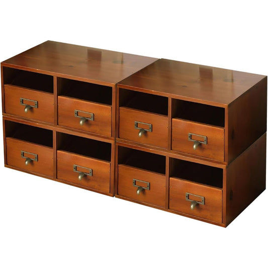 4-Pack Wide Wooden Desktop Drawer Organizer with Brass Label Holders | Stackable 8-Drawer Storage Boxes for Desk, Shelf, Office & Home