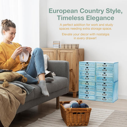 4-Piece Wooden Turquoise – Vintage European Apothecary Cabinet with 16 Drawers, Stackable Storage for Crafts, Sewing & Home