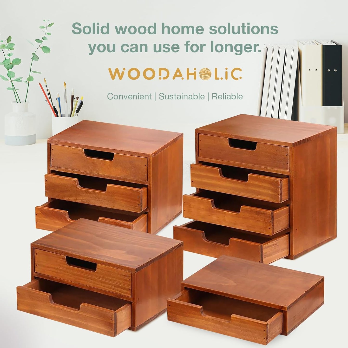 4-Piece Wooden Drawer Organizer Set – Stackable Modular Storage System for Desk, Vanity & Countertop Organization