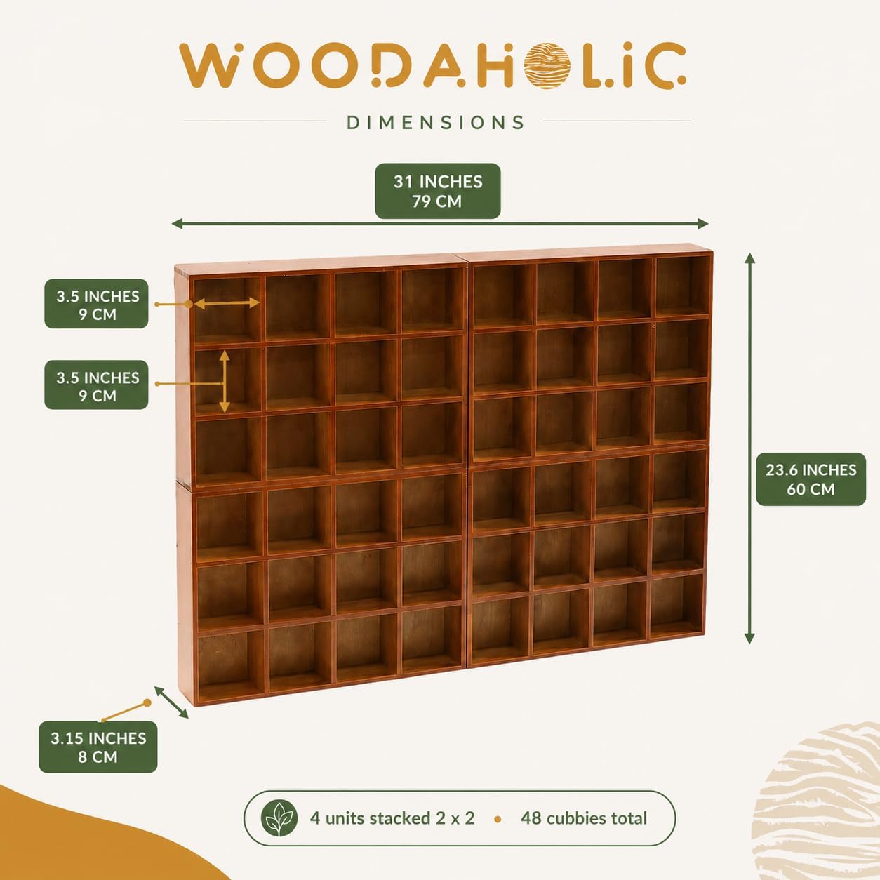 48-Compartment Wooden Cubby Display Shelf Set - 4-Pack Stackable Curio Organizer for Mini Figures, Shot Glasses, Crystals & Collectibles