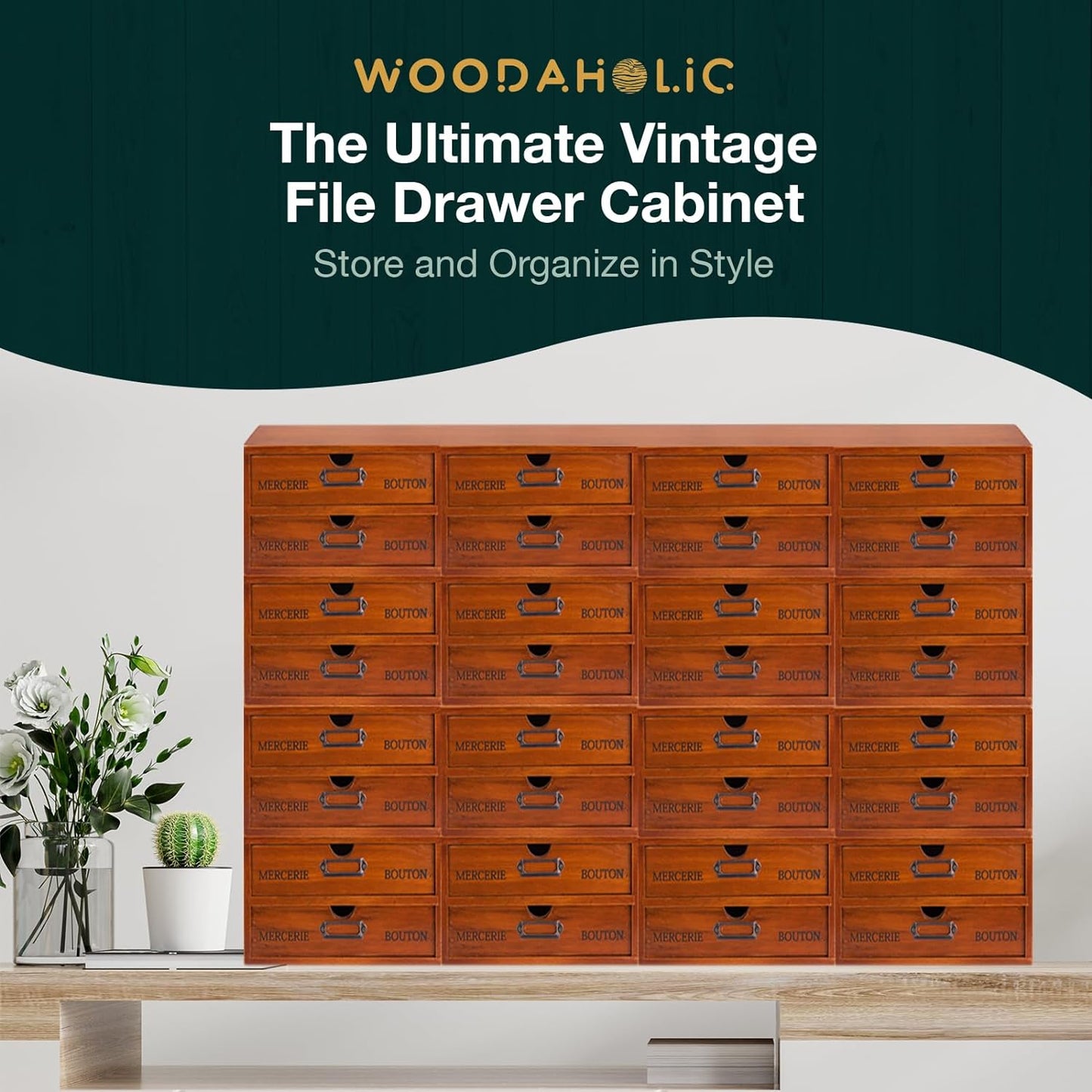 48 Drawer Wooden Storage Organizer - 12 Large Stackable Modular Cabinet with Label Holders for Crafts, Office Supplies
