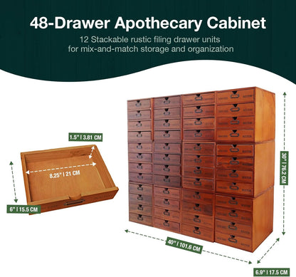 48 Drawer Wooden Storage Organizer - 12 Large Stackable Modular Cabinet with Label Holders for Crafts, Office Supplies