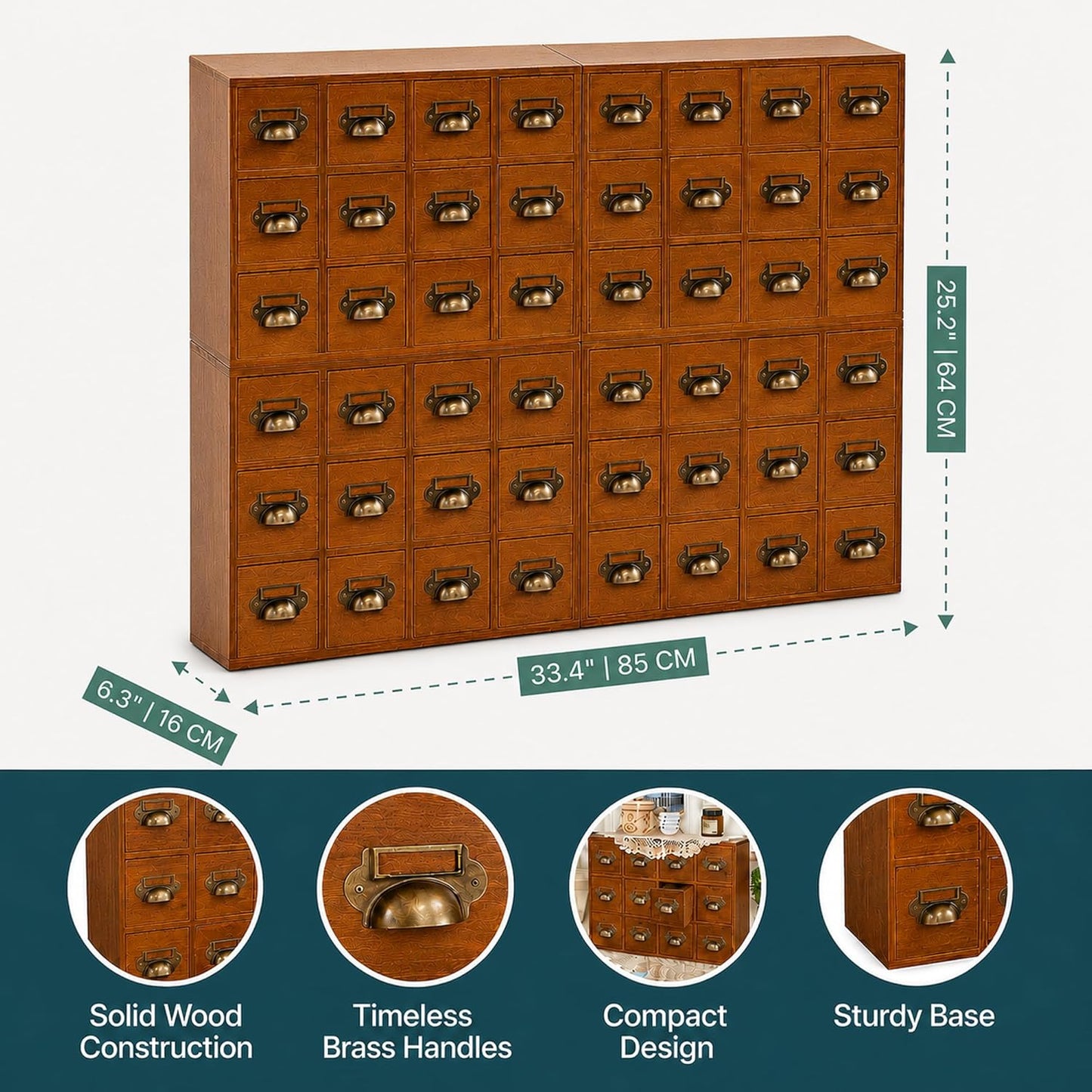 48-Drawer Wooden Apothecary Organizer - Stackable Card Catalog Storage Cabinet for Beads, Hardware, Spices, Tea & Craft Supplies