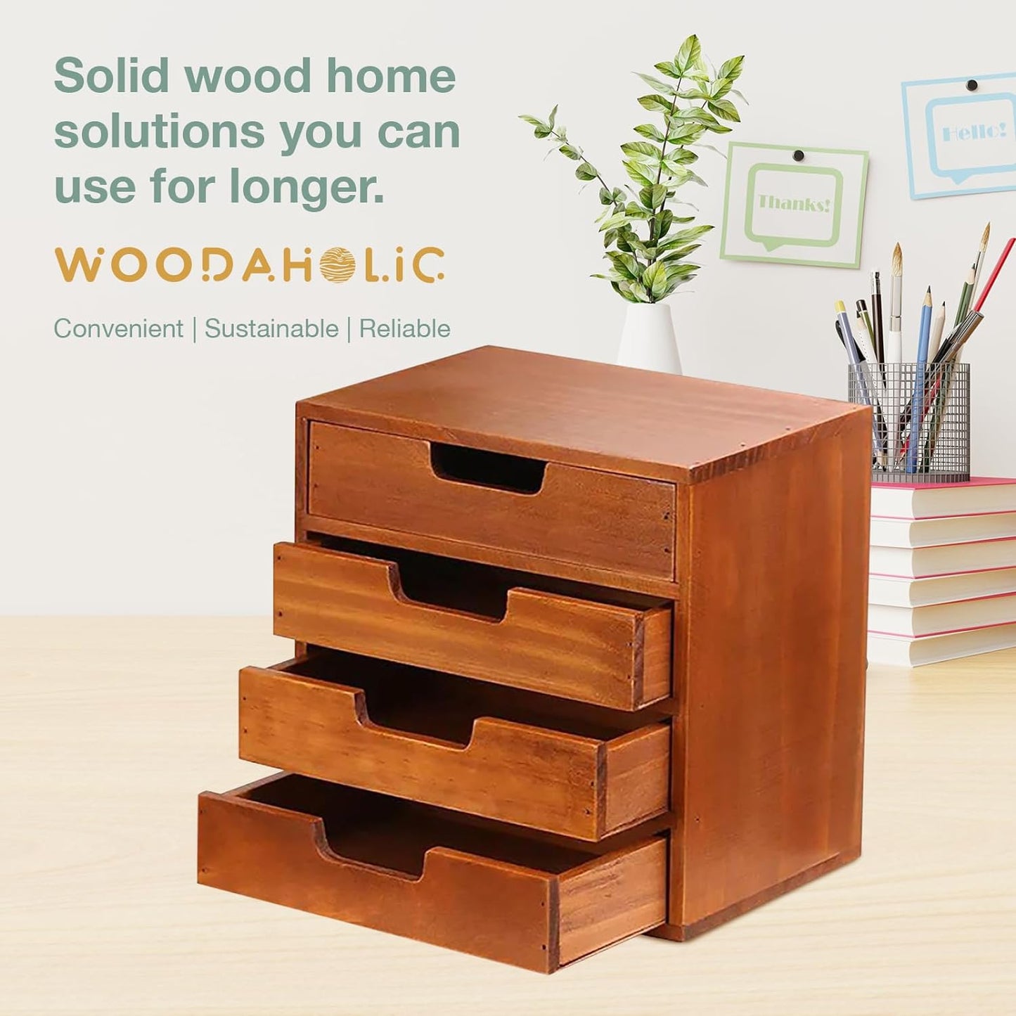 4 Drawer Wooden Desk Organizer Cabinet - Stackable Desktop Storage Drawers for Office Supplies, Jewelry, Crafts & Home Organization