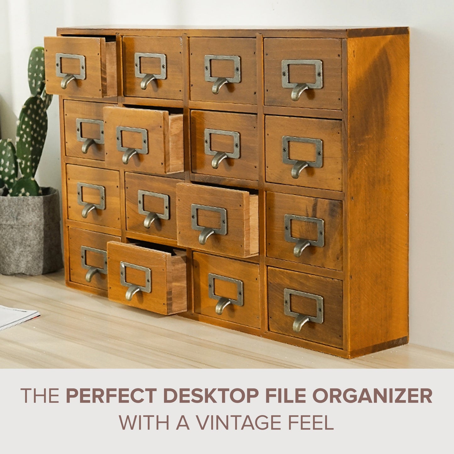 Vintage Wooden Apothecary Cabinet & Card Catalog Organizer – 16 Drawer Desktop Storage for Crafts, Jewelry & Collectibles