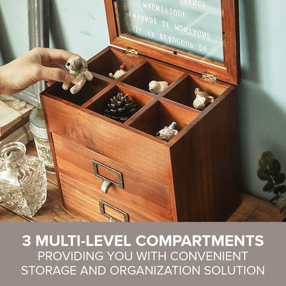 6 Slot Rustic Jewelry Organizer with Glass Top – Wooden Storage Cabinet with Drawers for Watches, Jewelry & Small Accessories