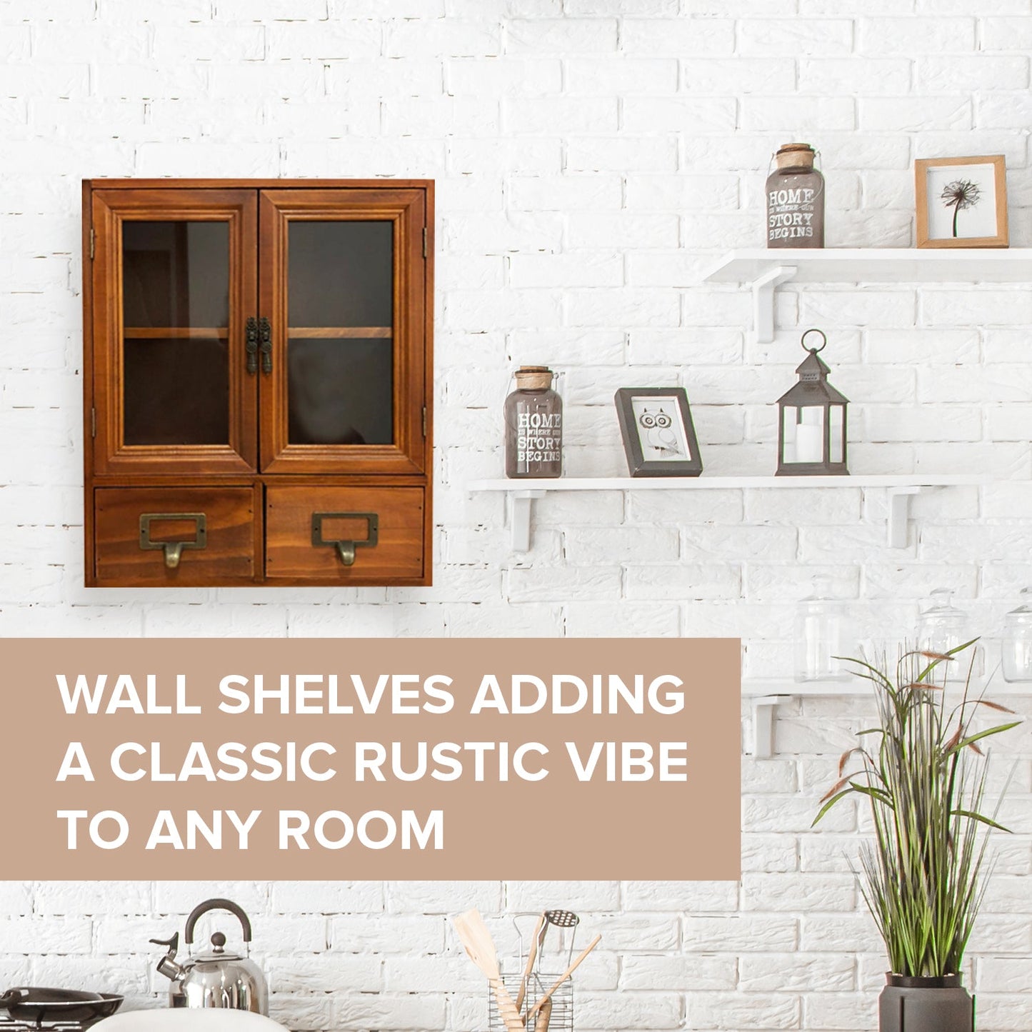 Wall-Mount Glass Door Wooden Storage Cabinet with Drawers – Vintage Display & Organizer Shelf