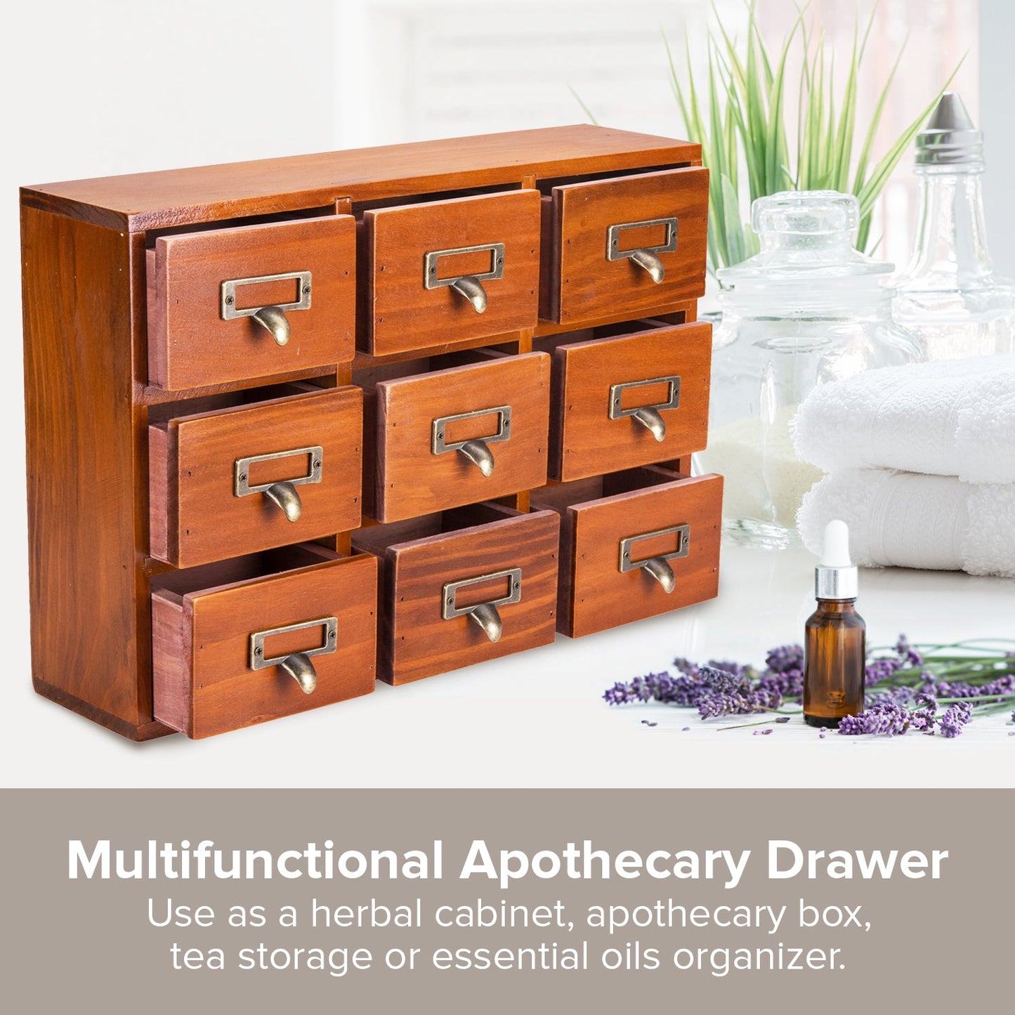 Vintage 9 Drawer Wooden Apothecary Cabinet - Small Parts Organizer with Label Holders for Desk, Vanity & Countertop Storage