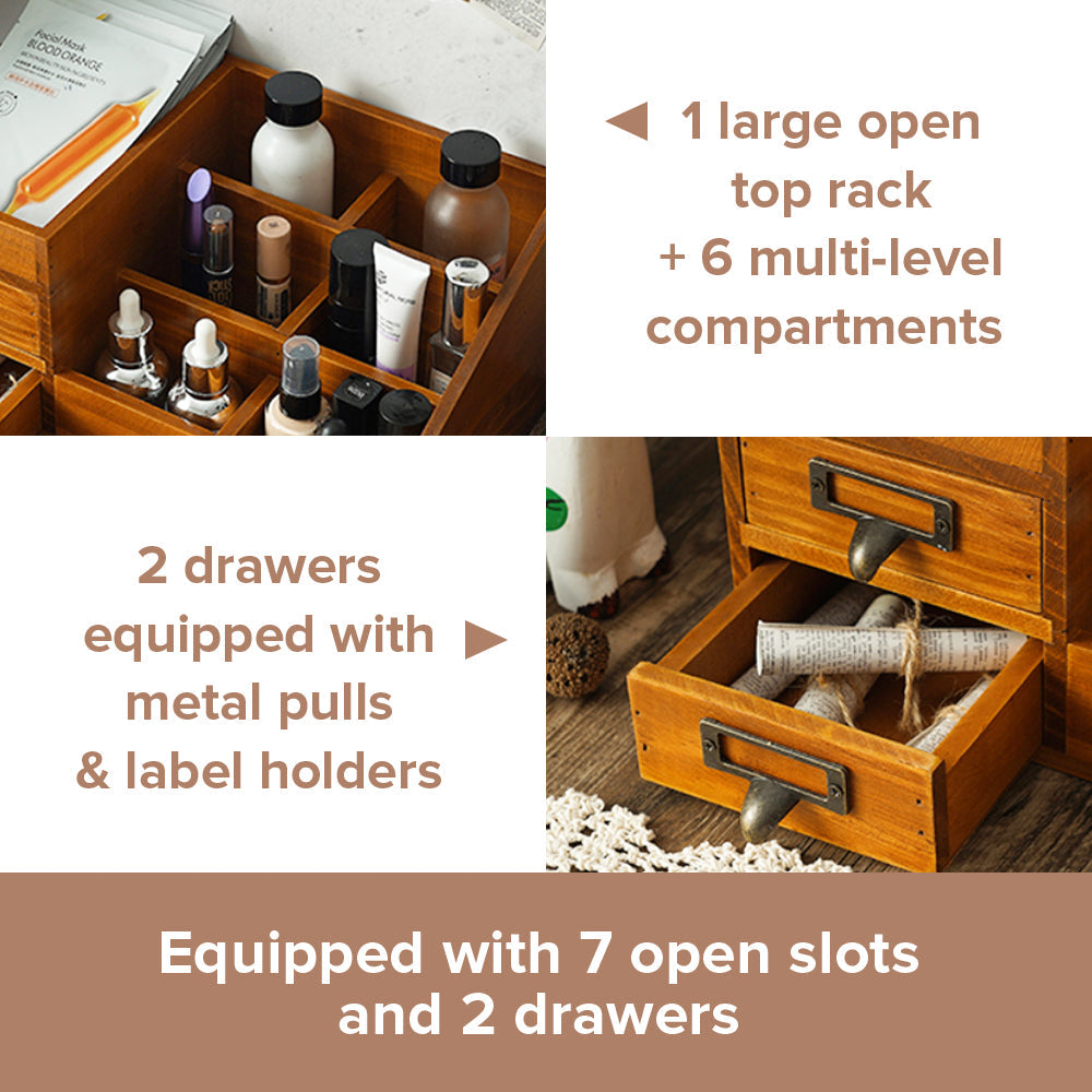 Vintage Tabletop Cosmetic Storage Tray with 7 Compartments & 2 Drawer Jewelry Organizer for Vanity, Bathroom & Dresser