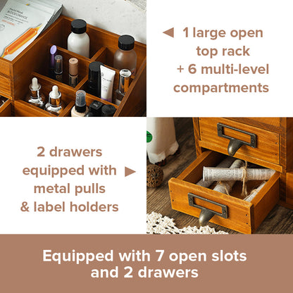 Vintage Tabletop Cosmetic Storage Tray with 7 Compartments & 2 Drawer Jewelry Organizer for Vanity, Bathroom & Dresser