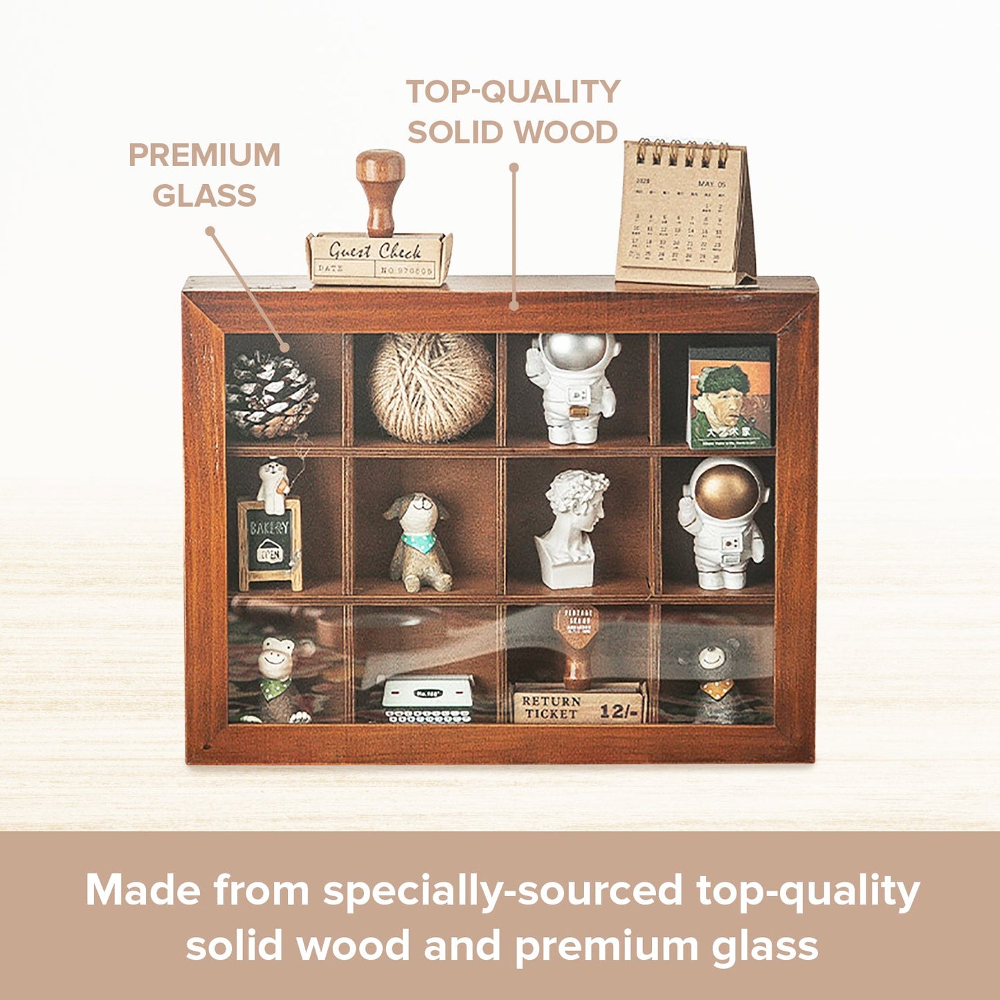 12 Cubby Wood Display Case with Glass Front - Small Collectible Organizer Shelf for Figurines, Miniatures, Desk Decor & Wall Storage