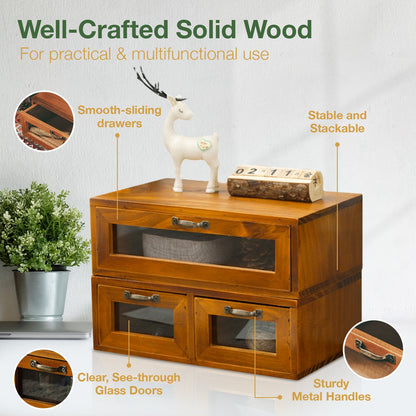 Stackable Wooden Storage Drawers with Glass Front – VintageSee-Through Drawer for Office, Crafts & Home