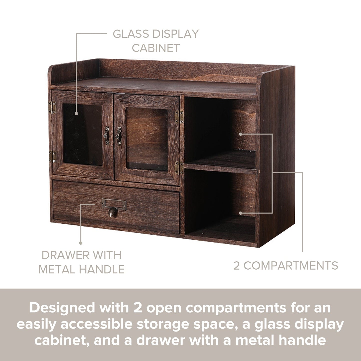 Coffee Tea Spice Station Organizer Cabinet – Rustic Wooden Kitchen Countertop Storage with Glass Doors & Drawer