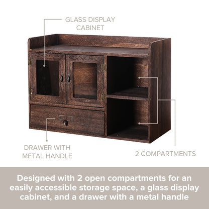 Coffee Tea Spice Station Organizer Cabinet – Rustic Wooden Kitchen Countertop Storage with Glass Doors & Drawer