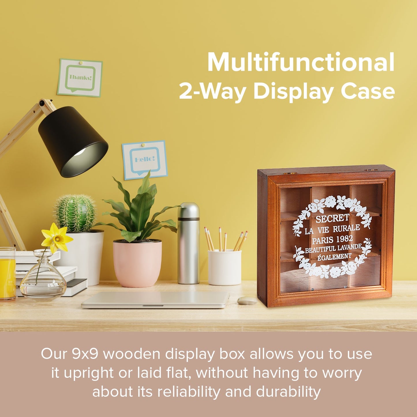 9 Slot Wooden Display Box with Glass Lid – Square Organizer Case with Dividers for Jewelry, Crafts, Collectibles & Countertop Storage