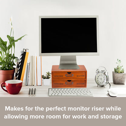 Stackable 2-Drawer Vintage Wood Organizer – Compact Desktop Storage Box with Label Holders for Home, Office & Countertop Use