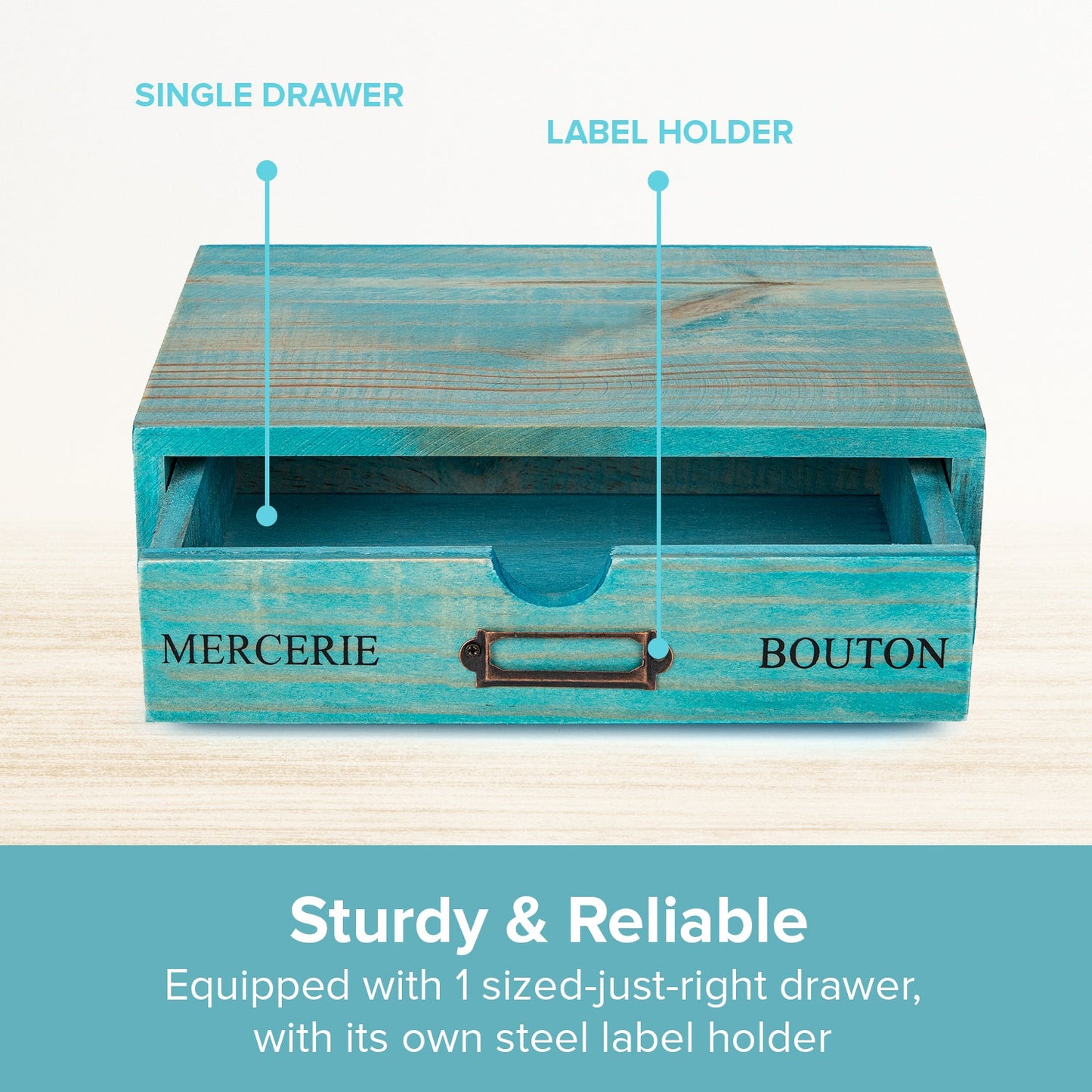 Single Teal Drawer Wooden Desk Organizer – Stackable Desktop Storage Box for Small Items & Office Supplies