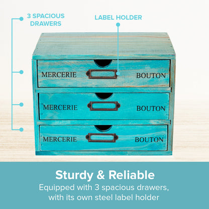 3-Vintage Teal Drawer Wooden Desk Organizer for Office Supplies, Crafts & Home Organization