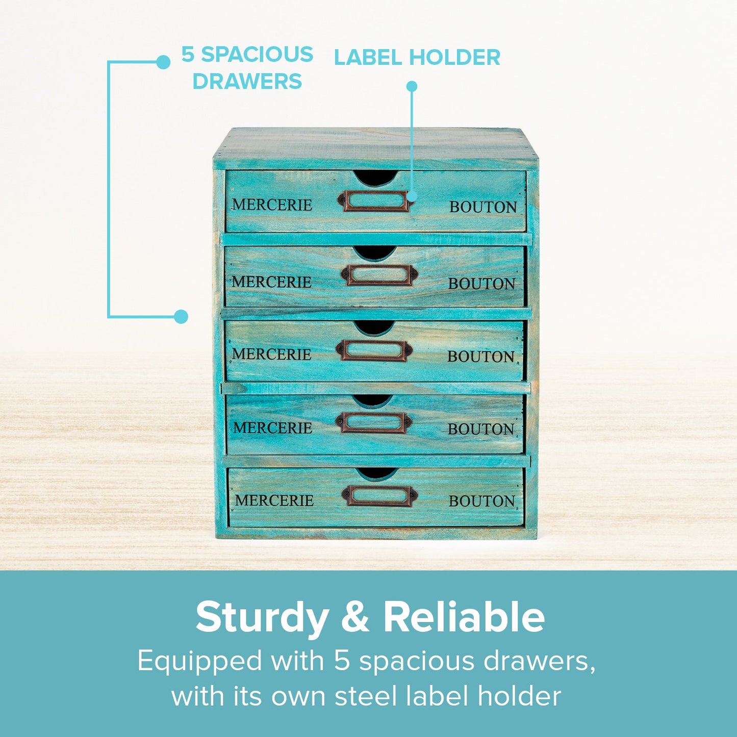 5 Drawer Wooden Desktop Organizer Cabinet – Vintage Teal Apothecary Storage with Label Holders for Office, Crafts & Jewelry