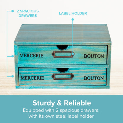 2-Drawer Teal Wooden Desk Organizer – Stackable Desktop Storage Box for Office Supplies, Crafts & Home Organization