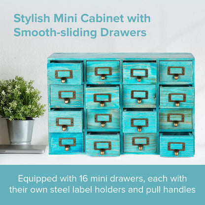 Teal Vintage 16-Drawer Apothecary Cabinet – Wooden Desktop Organizer with Label Holders for Crafts, Jewelry, Office & Collectibles