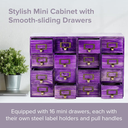 Purple 16 Drawer Apothecary Cabinet - Vintage Wooden Desktop Organizer with Label Holders for Crafts, Jewelry, Office & Small Storage