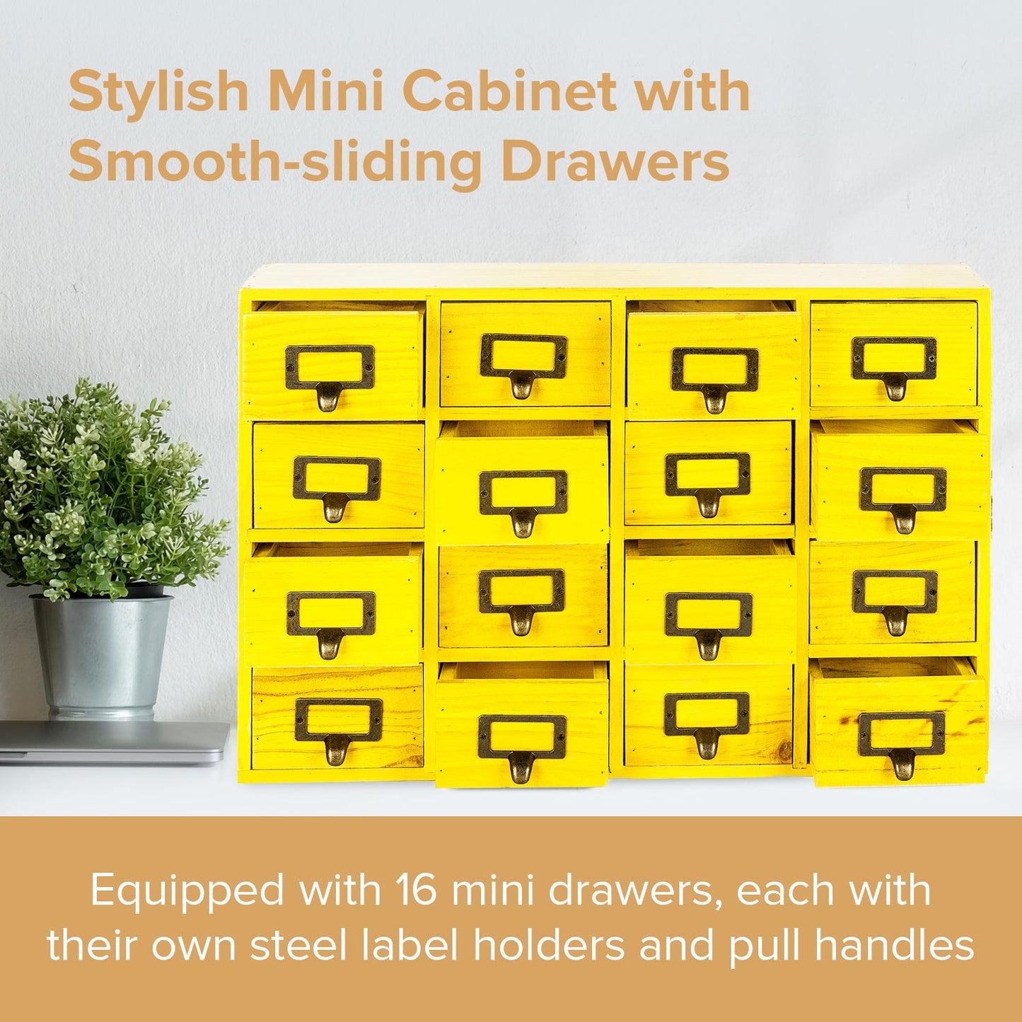 16 Drawer Wooden Apothecary Cabinet – Yellow Card Catalog Organizer with Label Holders for Crafts, Jewelry, Office Supplies & Small Parts Storage