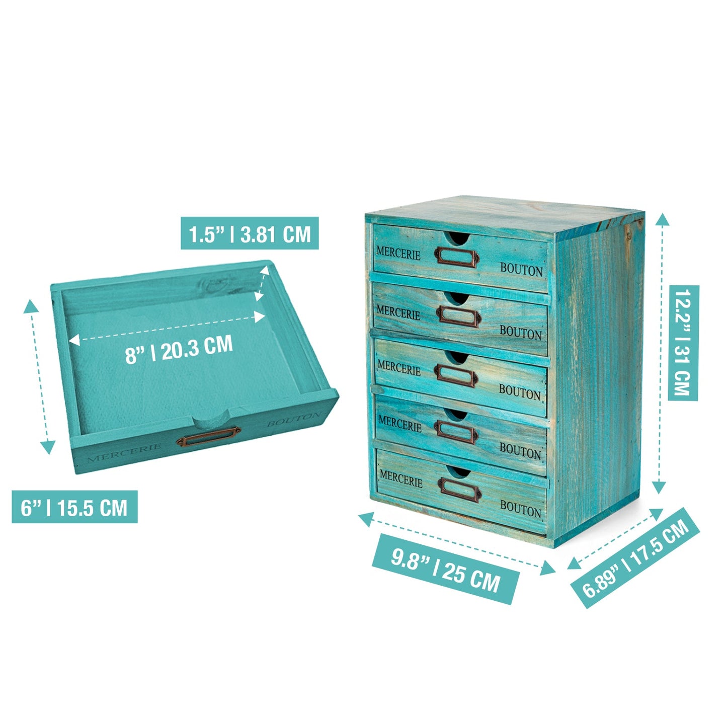 5 Drawer Wooden Desktop Organizer Cabinet – Vintage Teal Apothecary Storage with Label Holders for Office, Crafts & Jewelry